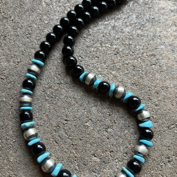 Sterling Silver Black Onyx Turquoise Bead Necklace. 18 Inch - Picture 10 of 12